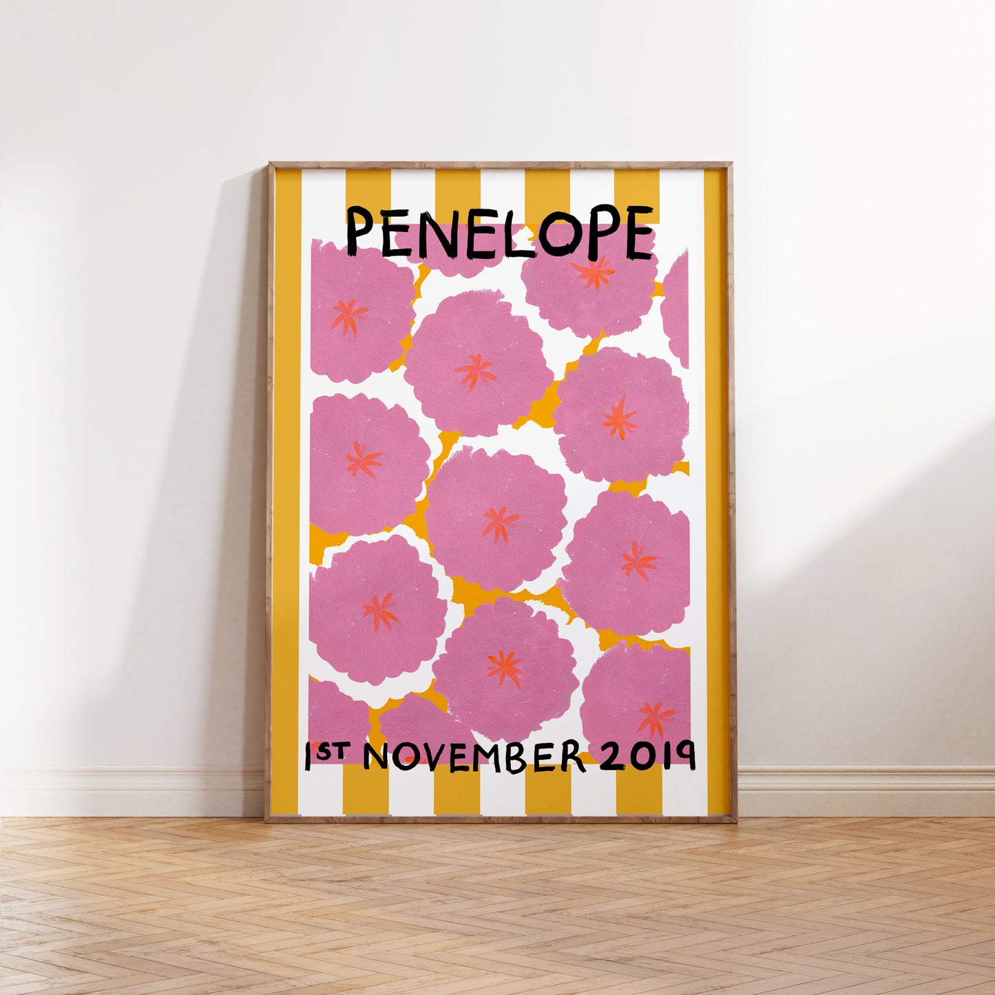 PERSONALISED STRIPE BIRTH FLOWER ART PRINT